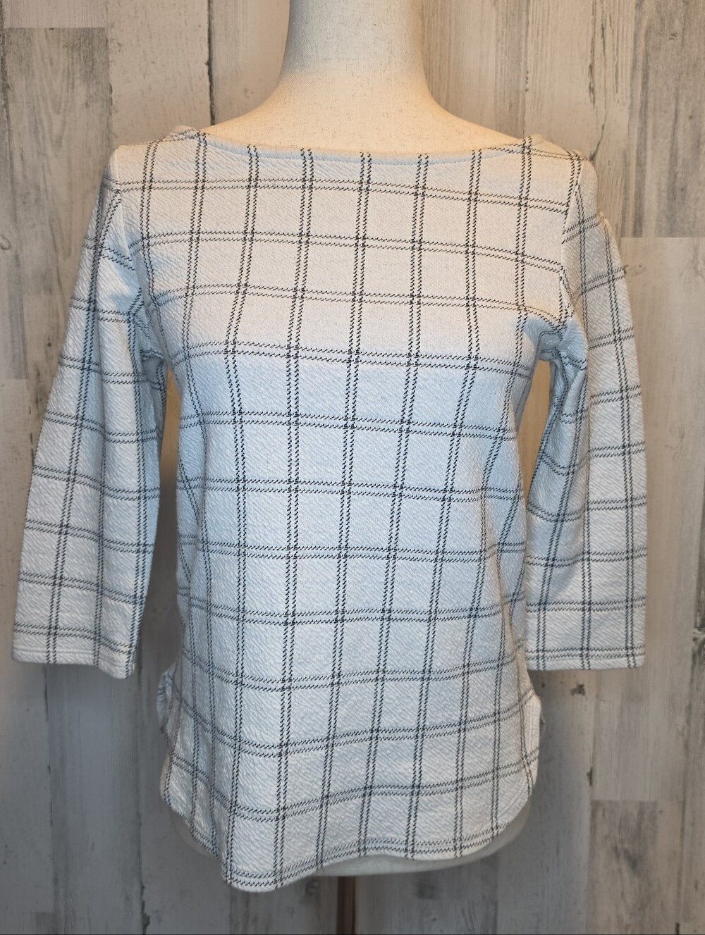 Casual Couture Green Envelope Top S Plaid Windowpane Boat Neck Made USA